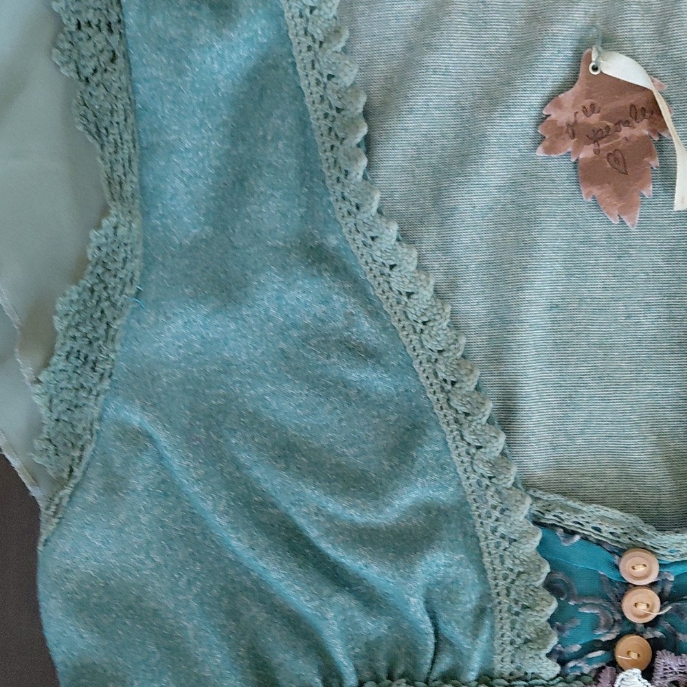 Free People Aqua Lace Tiered Dress | Boho Cottagecore Fairycore Mini Sz 4 - Picture 3 of 5